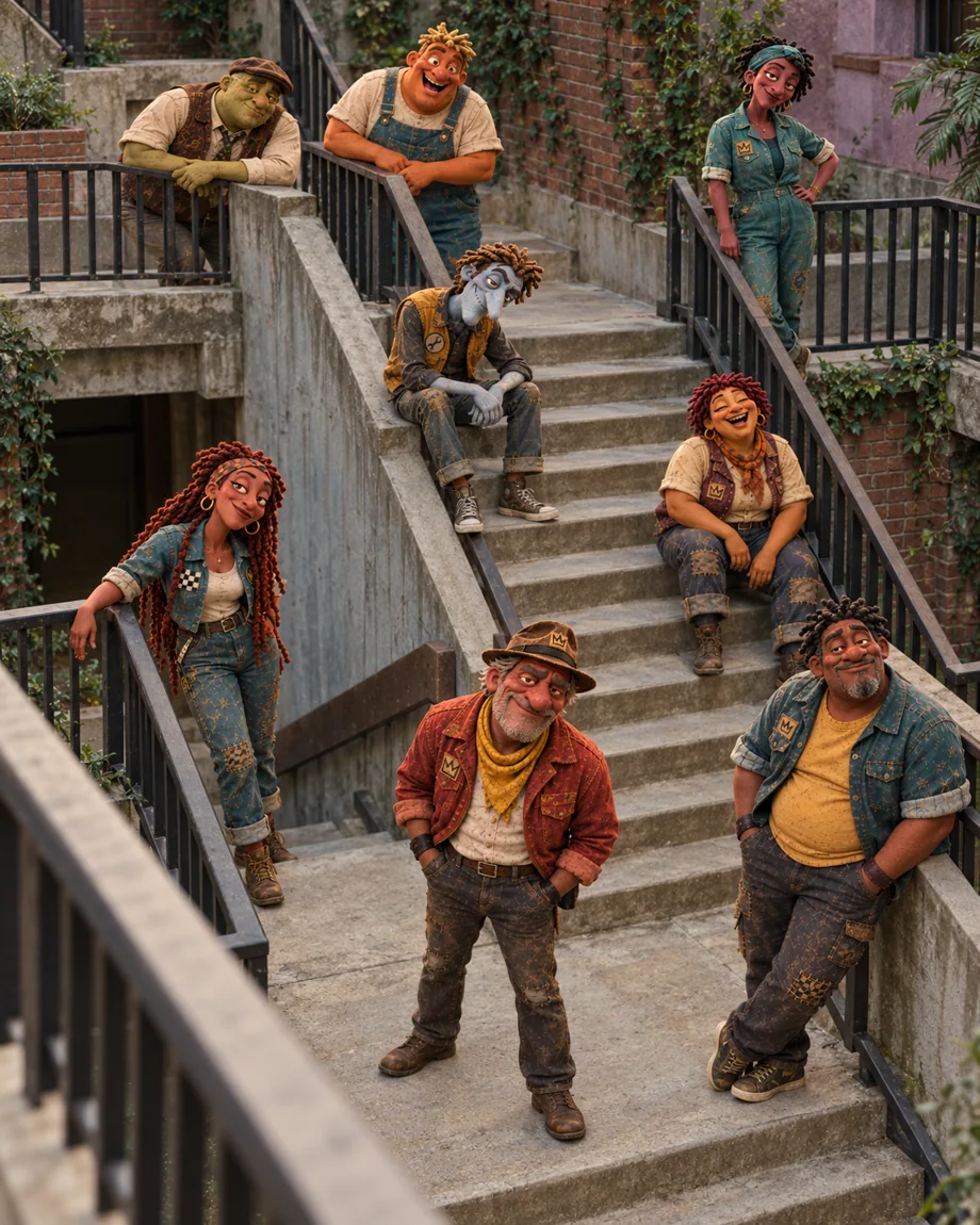 Band members posed on stairways